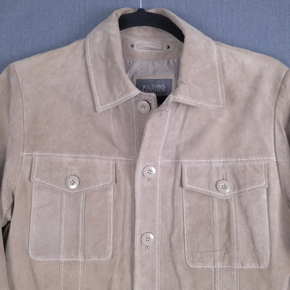 Wilson Suede Jacket Mens Medium Tan Leather Button Up Lined Shacket Hand Pockets